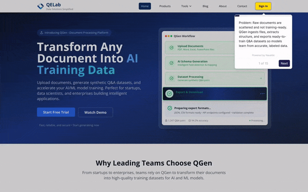 QGen Workflow Demo - Upload documents, AI processing, and export Q&A datasets